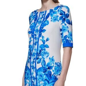Eliza J Women's Sheath Dress Blue Floral Knee Length 1/2‎ Sleeves Size 2 NWT